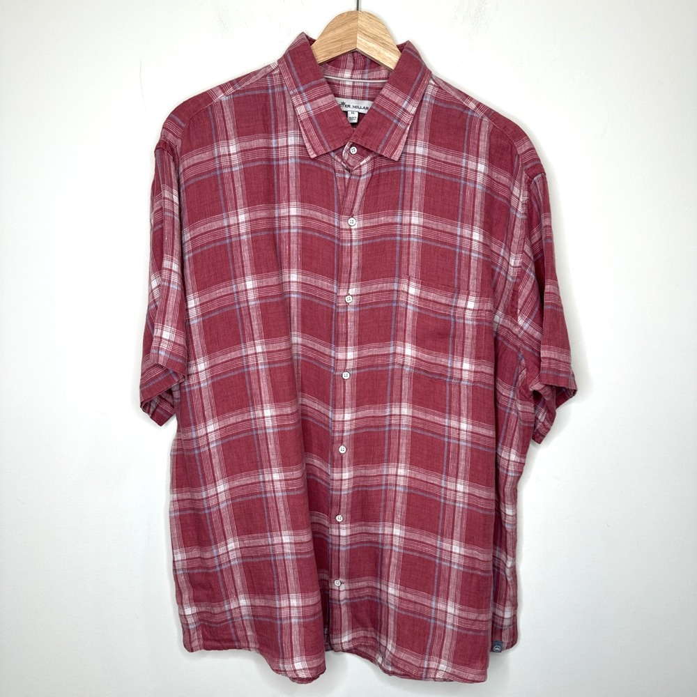Peter Millar 100% Linen Button Up Shirt Men's XL Red Plaid Lightweight Preppy‎